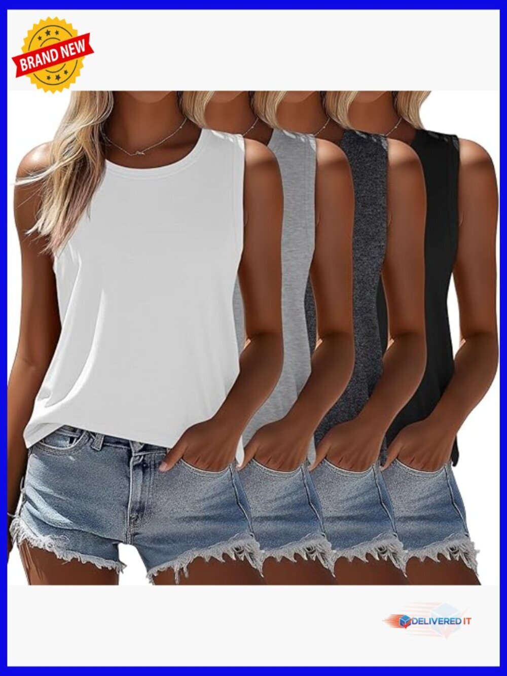 4 Pack Sleeveless Tank Tops - Loose Fit Tunic Crew Neck Summer Tees